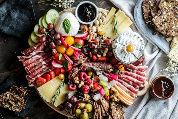 Weeknight sharing platter with cheeses, fruits, nuts, and dips