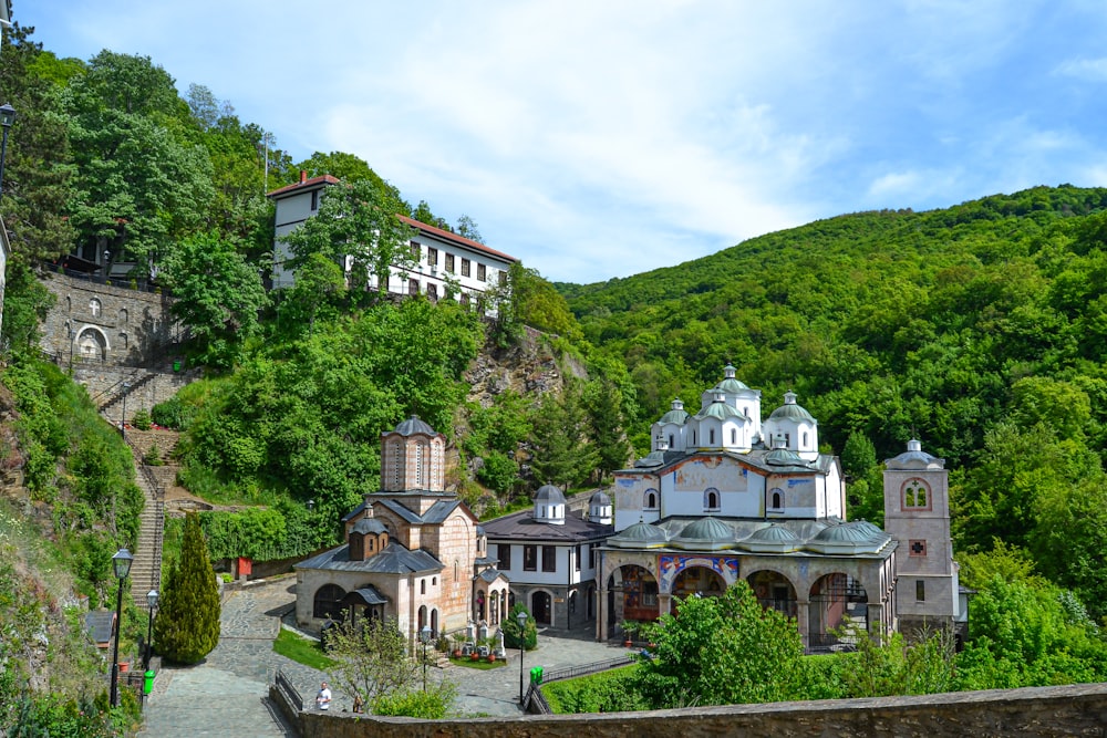 Weißes und braunes Betonhaus in der Nähe von grünen Bäumen und Bergen tagsüber