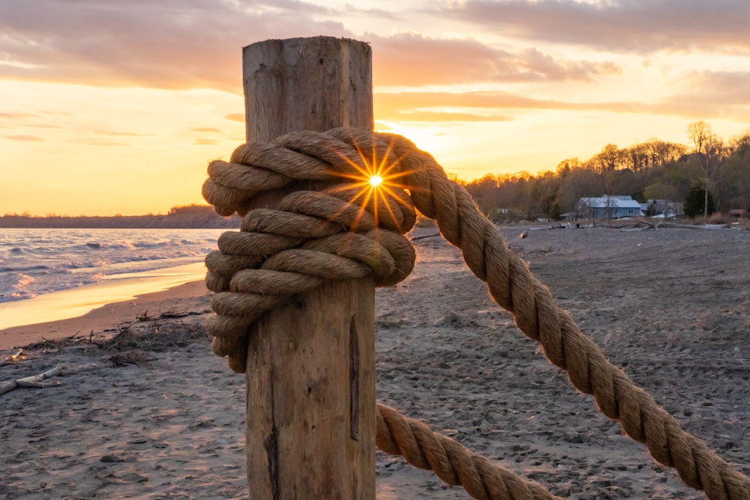 brown rope tied on brown wooden post during sunset