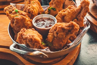 fried chicken on stainless steel tray