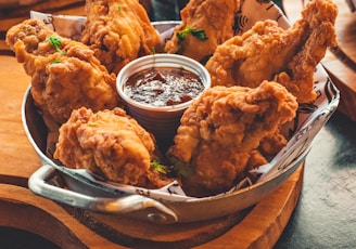 fried chicken on stainless steel tray