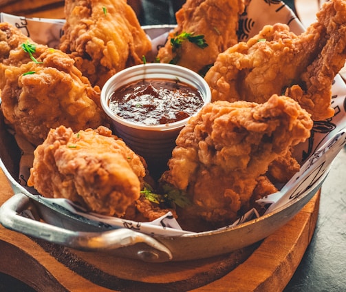 fried chicken on stainless steel tray