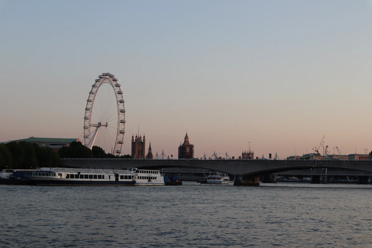 London city skyline with Big Ben and Thames River in golden hour light