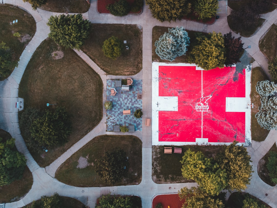 aerial view of red and white soccer field surrounded by green trees