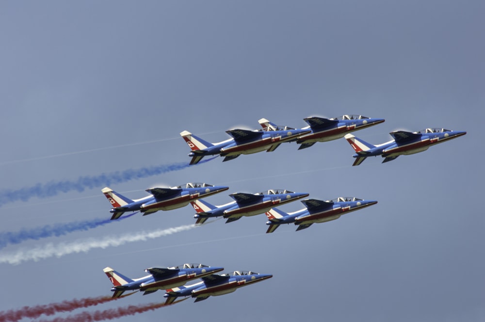 avion de chasse bleu et rouge dans le ciel