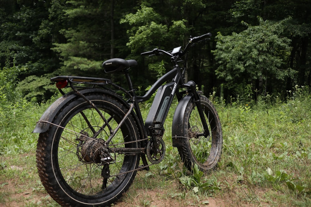 black and gray mountain bike on green grass field