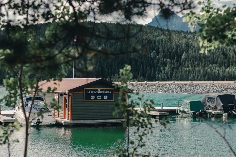 brown and green wooden house near body of water during daytime