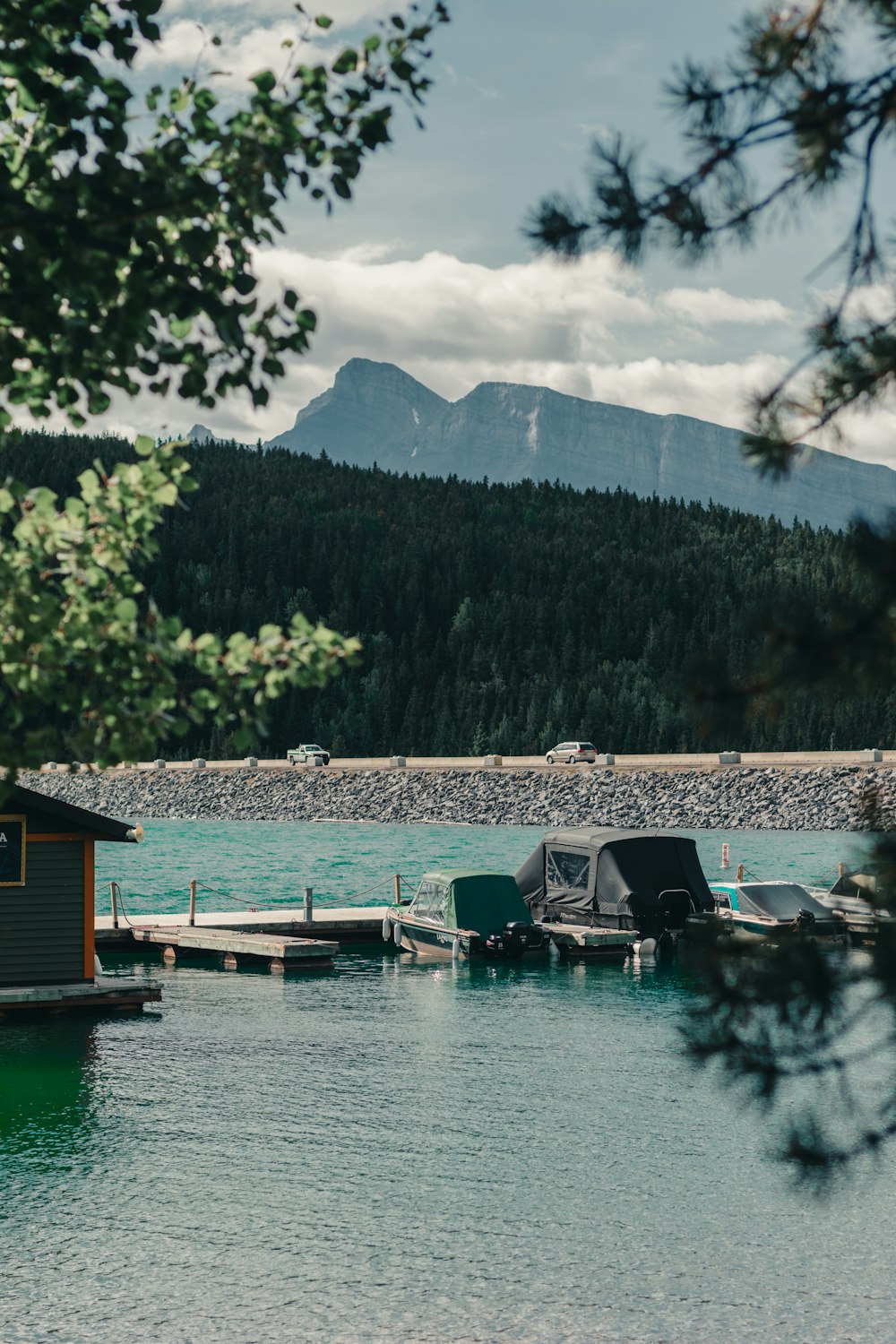 brown wooden house on lake dock near green trees and mountain during daytime