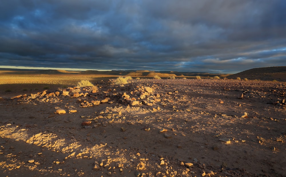 a dirt field with rocks and grass under a cloudy sky