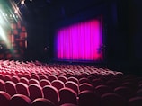 A theater setting with rows of red cushioned seats facing a stage. The stage is framed by a bright pink curtain, and overhead lights illuminate parts of the space, adding a dramatic effect.