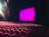 A theater setting with rows of red cushioned seats facing a stage. The stage is framed by a bright pink curtain, and overhead lights illuminate parts of the space, adding a dramatic effect.