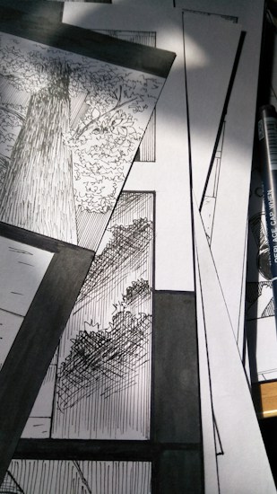 A collection of black and white comic panels featuring detailed illustrations of trees. The scene captures the texture of tree bark and the intricacy of leaves, with strong contrast between light and shadow. A drawing pen lies beside the panels.