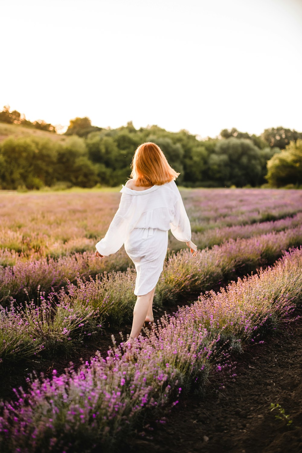 woman in white long sleeve shirt walking on purple flower field during daytime