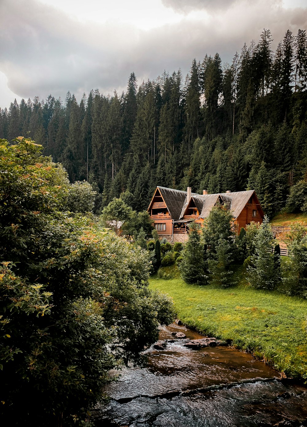 Casa de madera marrón en medio del bosque