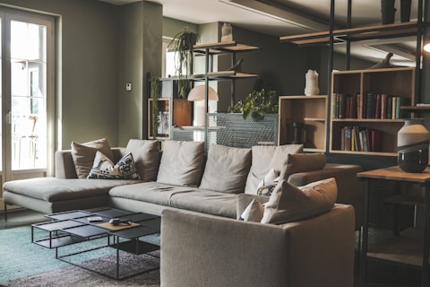 gray couch with throw pillows