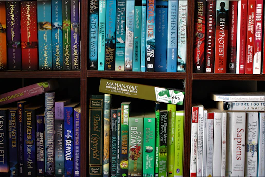 books on brown wooden shelf