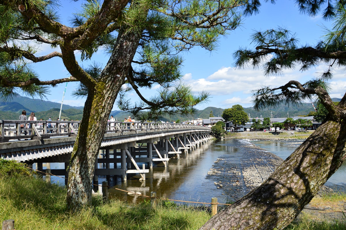 Arashiyama Kyoto — Togetsukyo bridge spanning the Katsura River with forested mountains behind