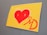 A piece of art featuring a large red heart against a yellow background. Below the heart, there is a stylized red 'MD' monogram with heart motifs incorporated into the letters, all set against a flat surface.