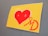 A piece of art featuring a large red heart against a yellow background. Below the heart, there is a stylized red 'MD' monogram with heart motifs incorporated into the letters, all set against a flat surface.