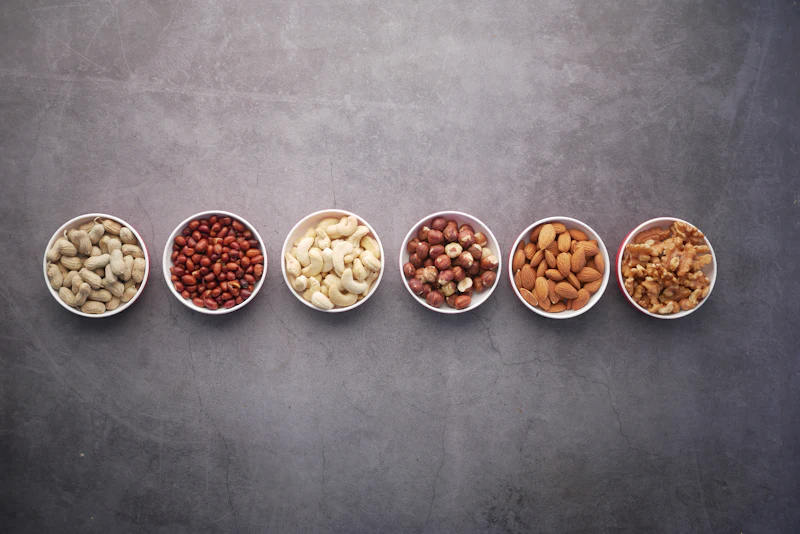 Assorted nuts in bowls
