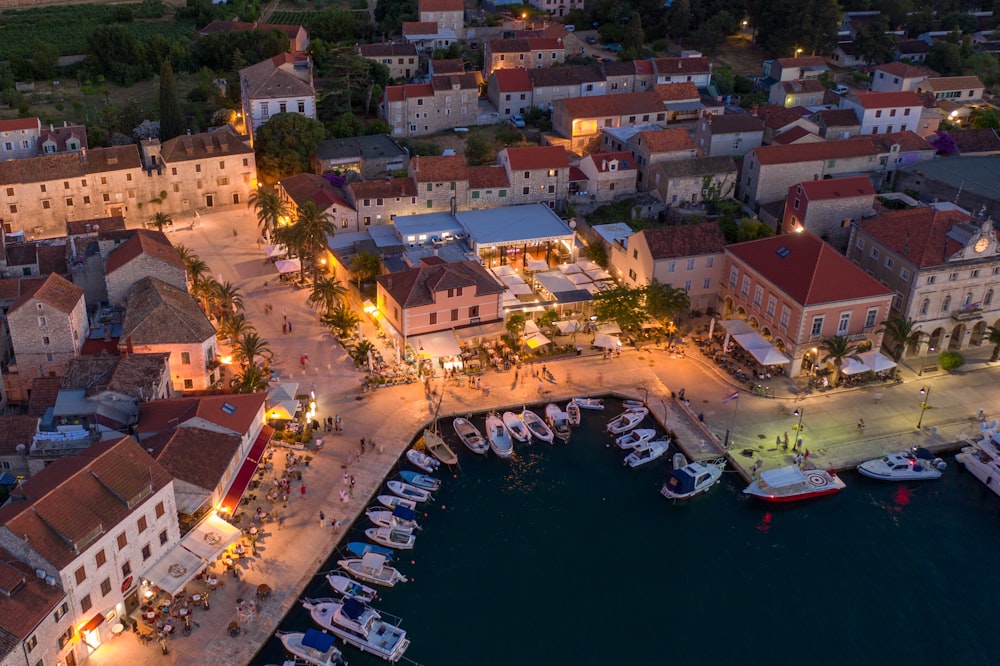 aerial view of city buildings during night time