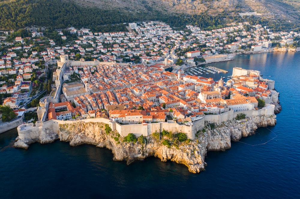 Veduta aerea degli edifici della città vicino allo specchio d'acqua durante il giorno