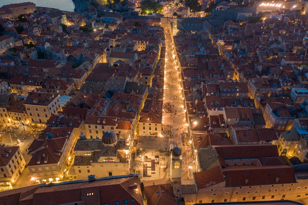 aerial view of city buildings during night time