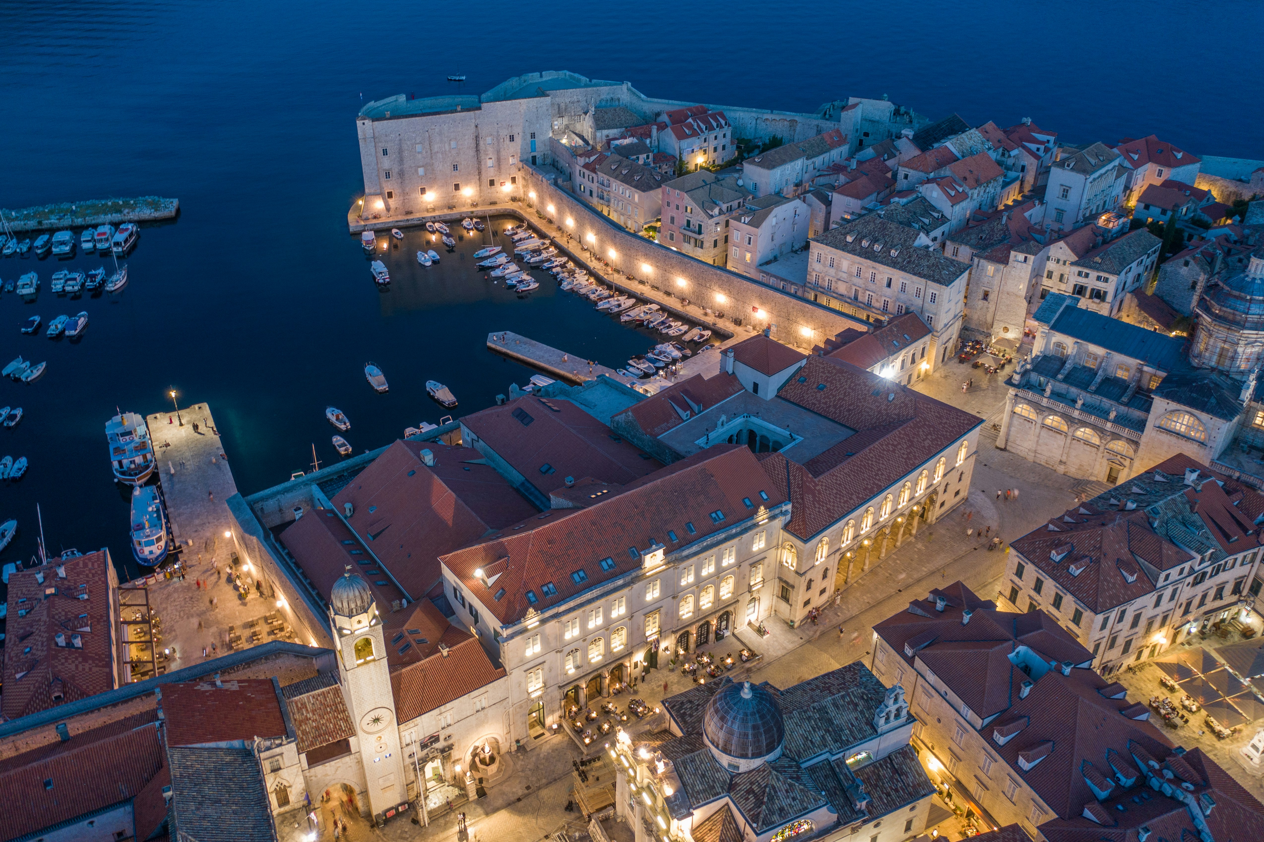 Aerial view of city buildings during night time