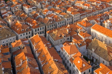 An aerial view of a historic town with numerous tightly packed old buildings featuring distinct orange-tiled roofs. These buildings are made of stone, and there are narrow alleys between them. The sunlight casts warm tones, highlighting the uniformity and texture of the rooftops.