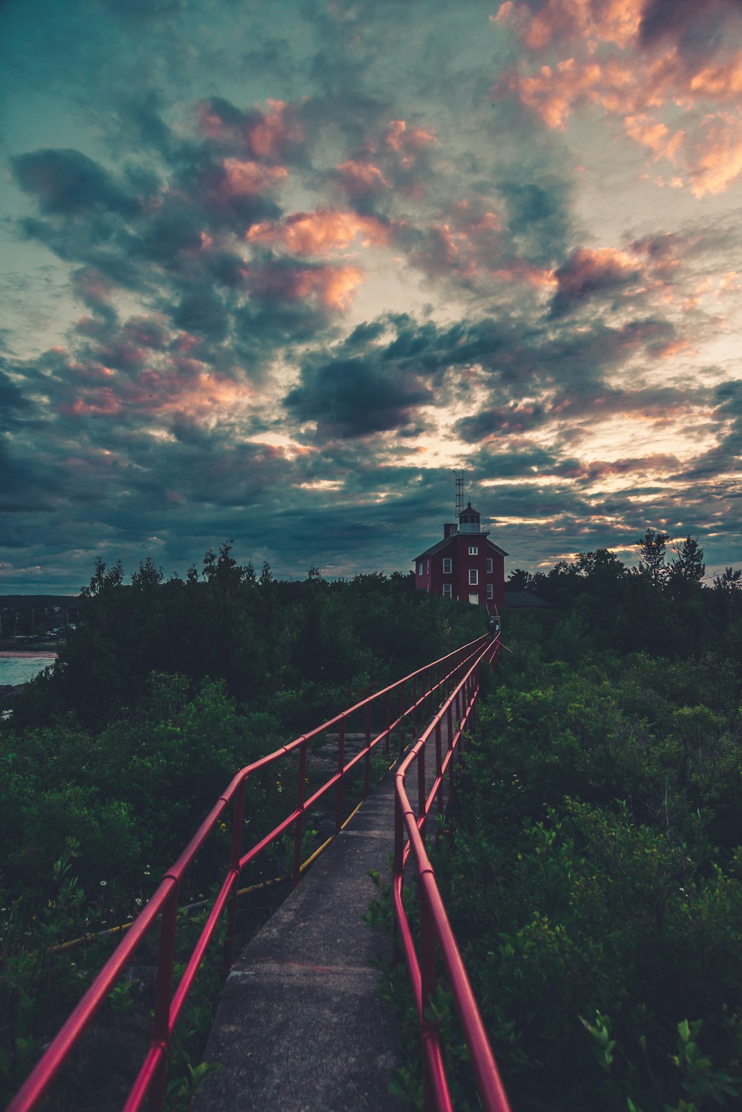 red metal ladder near green trees under cloudy sky during daytime