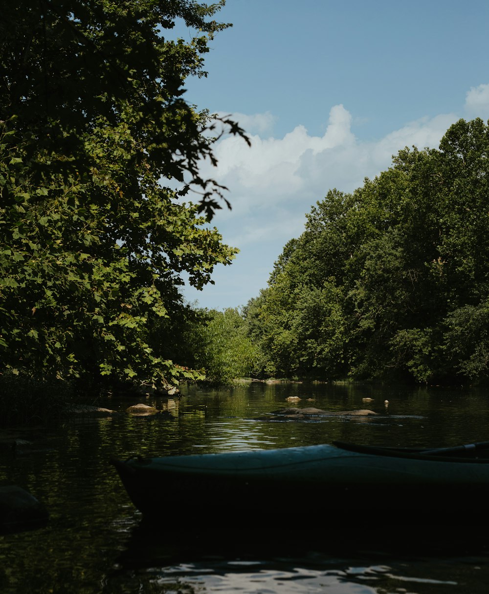 blue boat on river between green trees during daytime