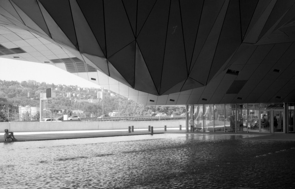 grayscale photo of a building near the body of water