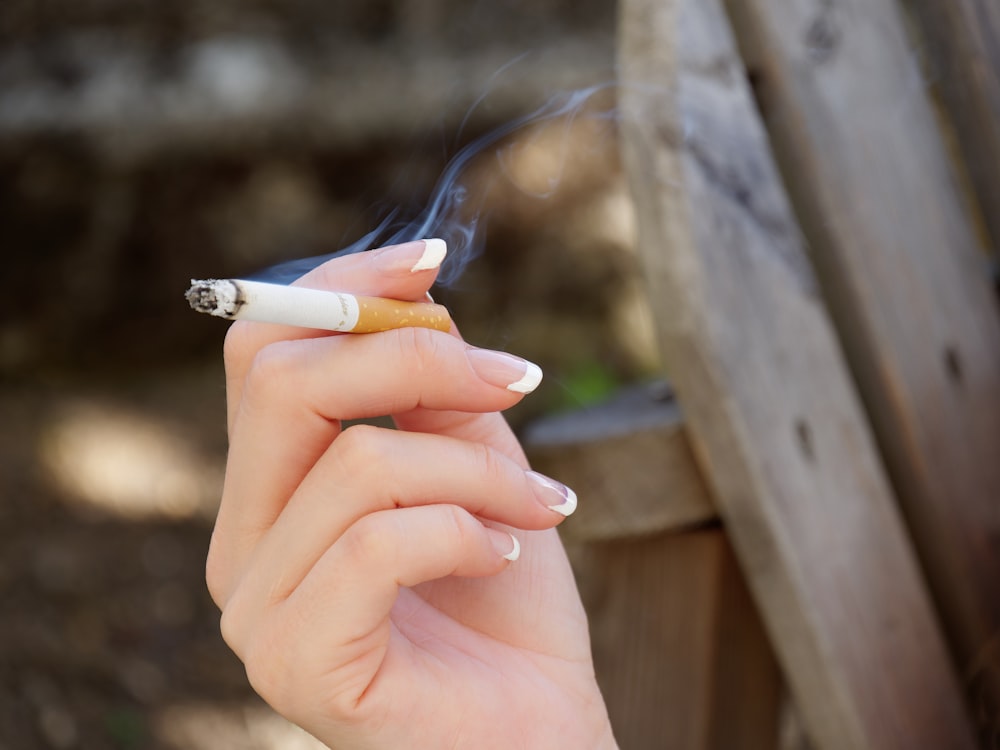 personne tenant une brosse à dents blanche et bleue