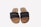 A pair of black woven sandals with brown soles, featuring two straps across the foot. The inner sole displays a logo with stylish script.