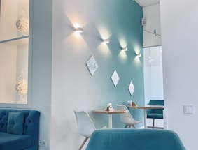 blue and white padded chair