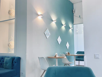 blue and white padded chair