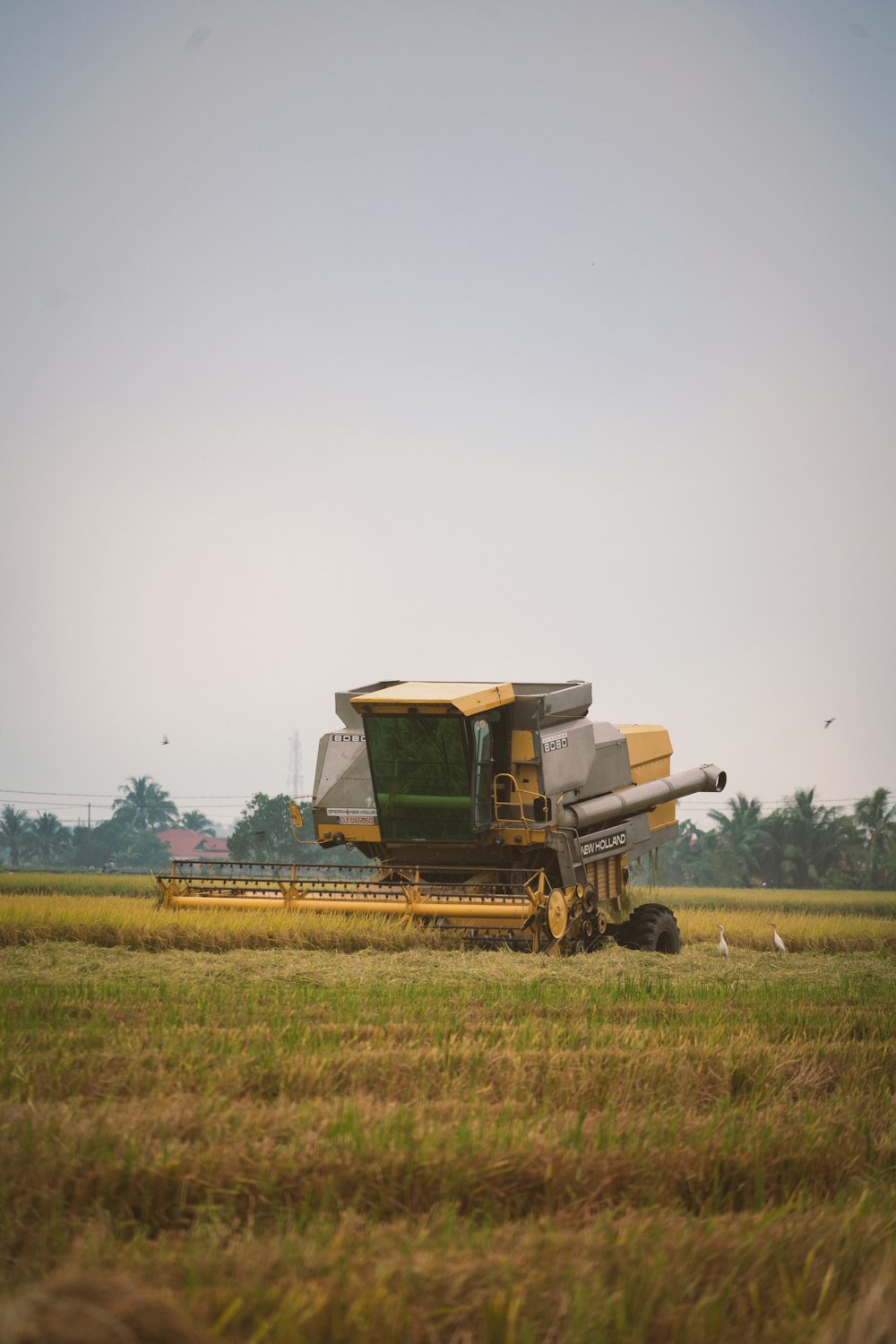 green and brown farm equipment on green grass field under white sky during daytime