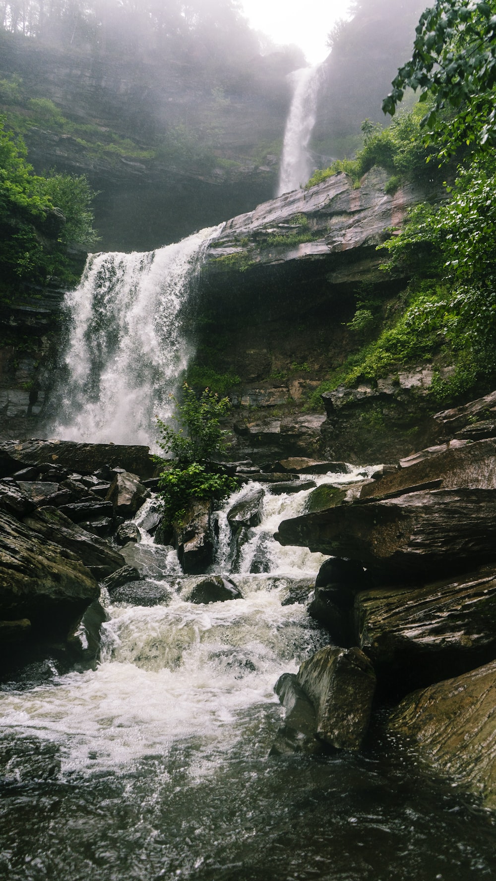 water falls on rocky mountain