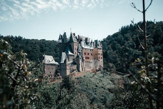 A stunning medieval castle surrounded by lush greenery.