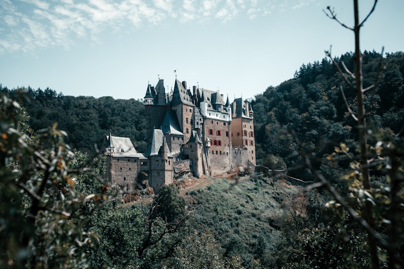 A stunning medieval castle surrounded by lush greenery.