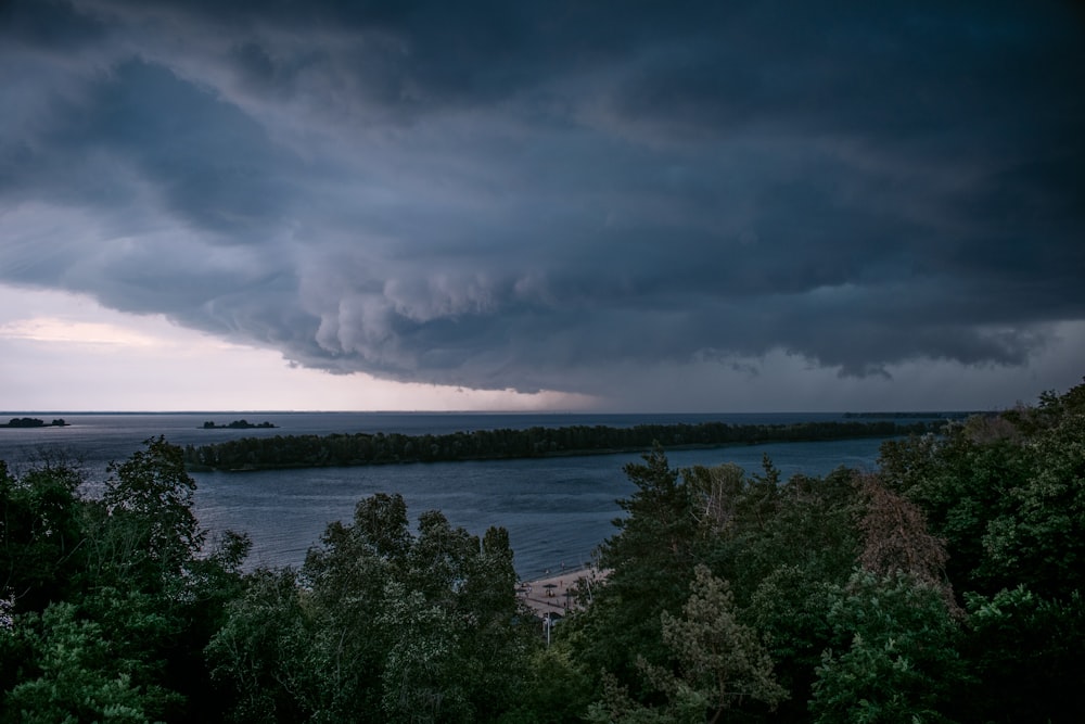 green trees near body of water under cloudy sky during daytime