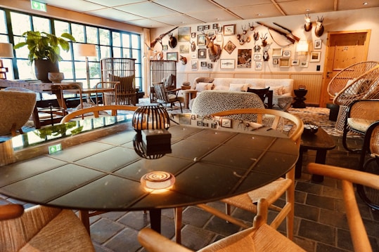 A cozy and eclectic interior features a mix of wooden and rattan furniture, including chairs and tables. A variety of framed pictures and mounted animal heads adorn the wall, creating a rustic and artistic atmosphere. Large windows allow natural light to fill the space, highlighting plants and decorative elements placed around the room.