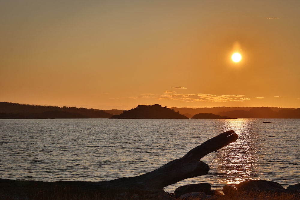 silhouette of rock formation near body of water during sunset