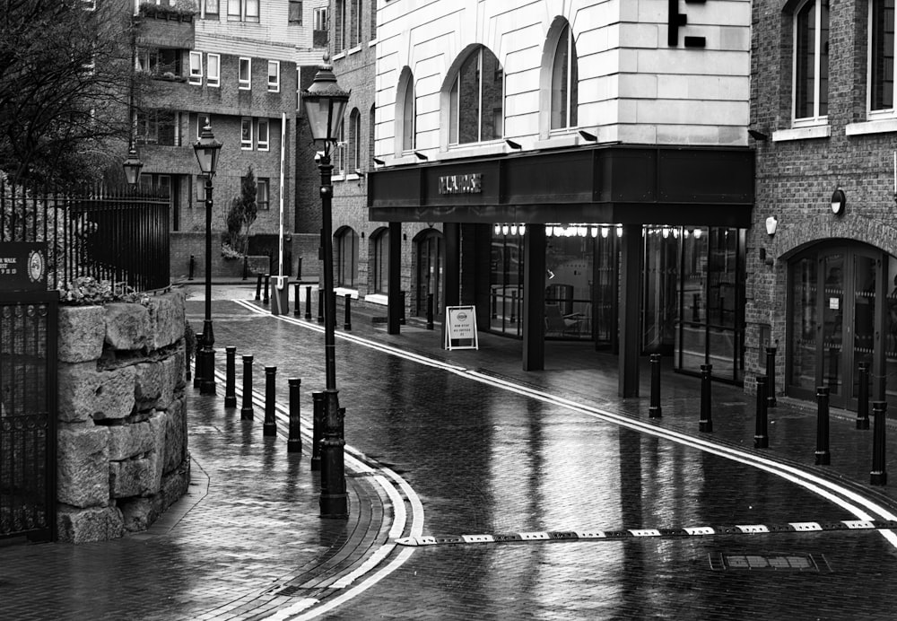 grayscale photo of building near road