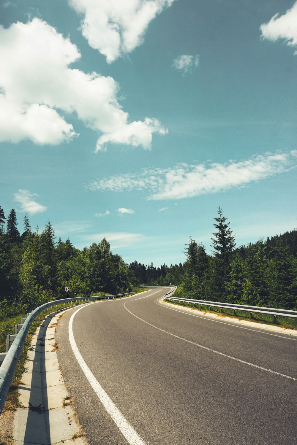 Graue Betonstraße zwischen grünen Bäumen unter blauem Himmel und weißen Wolken tagsüber