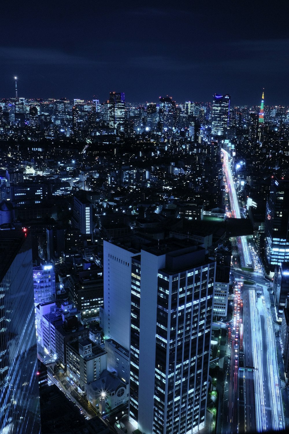 aerial view of city buildings during night time