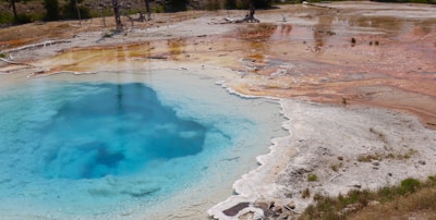 A hot spring in a geothermal area with vibrant colors. The pool is a bright blue, surrounded by white mineral deposits. Surrounding the pool are orange and brown earth tones. Sparse vegetation and dead trees are visible in the background.
