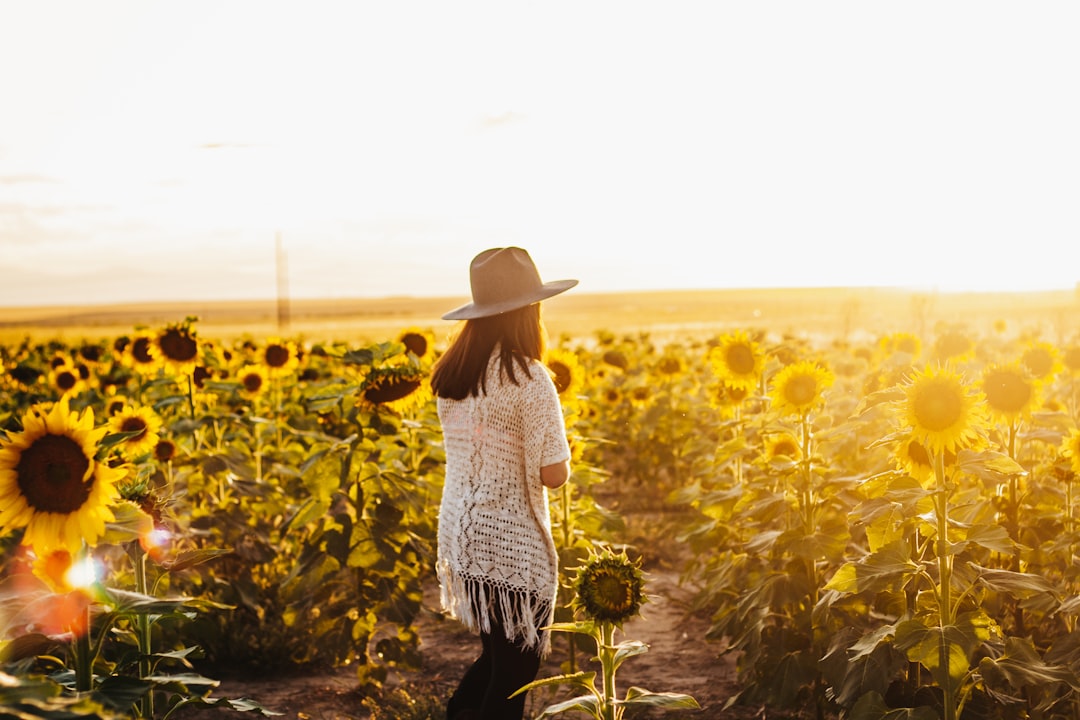woman in white and black dress standing on sunflower field during sunset