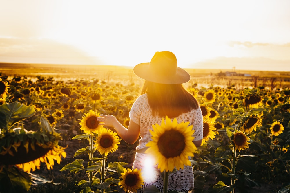 woman in white sun hat standing on sunflower field during sunset
