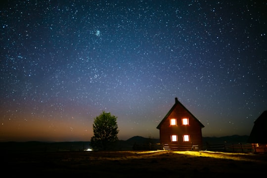 brown wooden house near green tree under blue sky during night time in Durmitor Montenegro